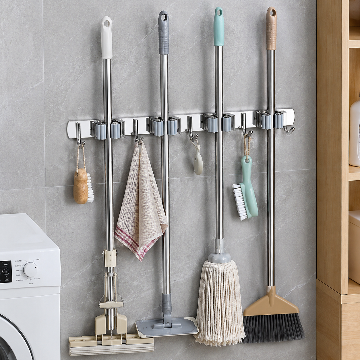 Broom And Mop Holder Stainless Steel Silver Wall Mount For Home, Garage Bedroom Shelves Storage Organizer (4 Rack 5 Hooks)