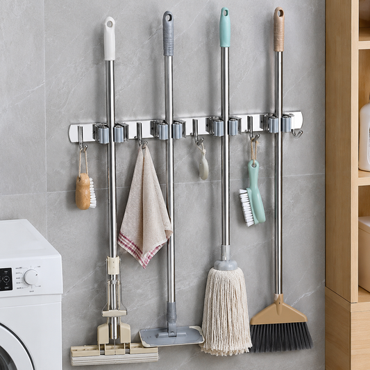 Broom And Mop Holder Stainless Steel Silver Wall Mount For Home, Garage Bedroom Shelves Storage Organizer (4 Rack 5 Hooks)